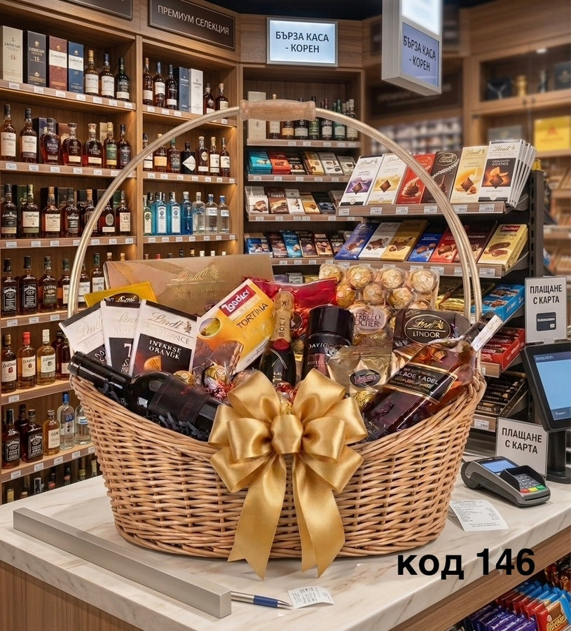 Подаръчна кошница с Шампанско Moët & Chandon,  уиски Johnie Walker black label и вино Кабиле, код 146