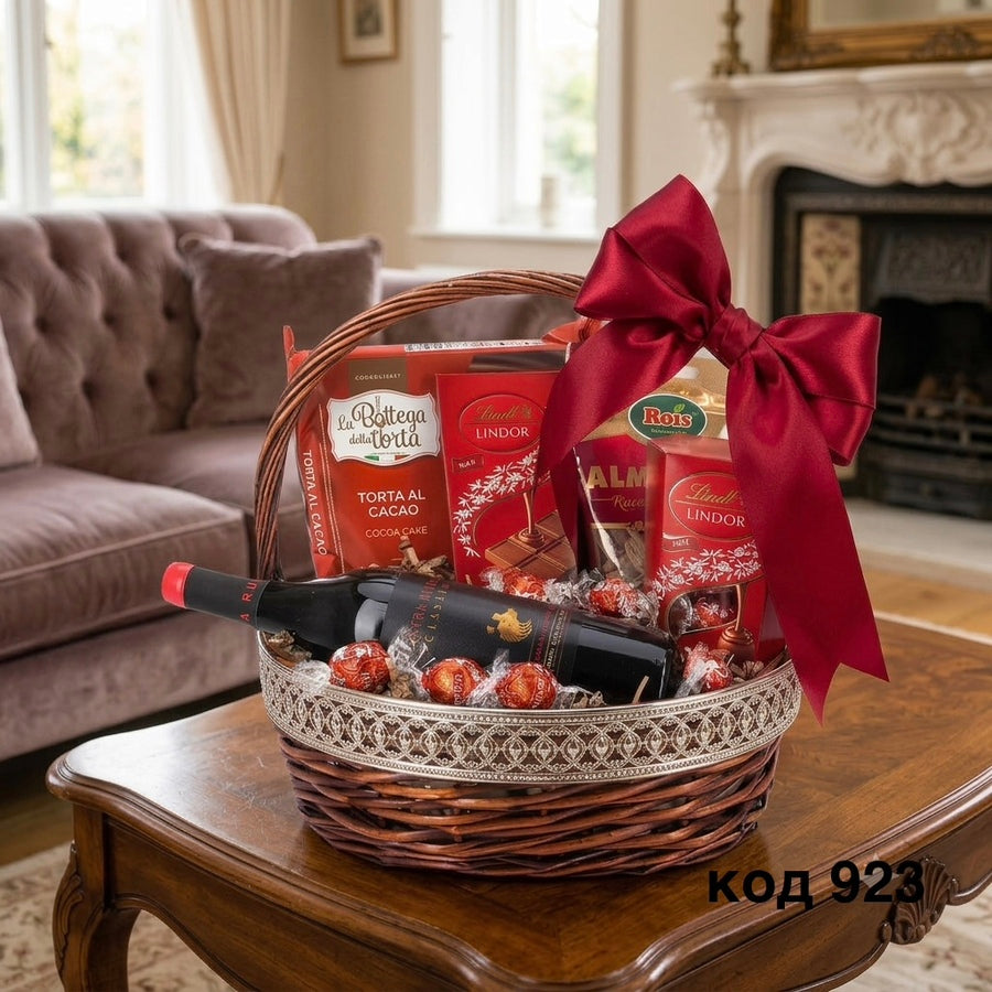 Подаръчна кошница с Червено вино Castra Rubra Merlot&Malbec и Lindor sweets, код 923